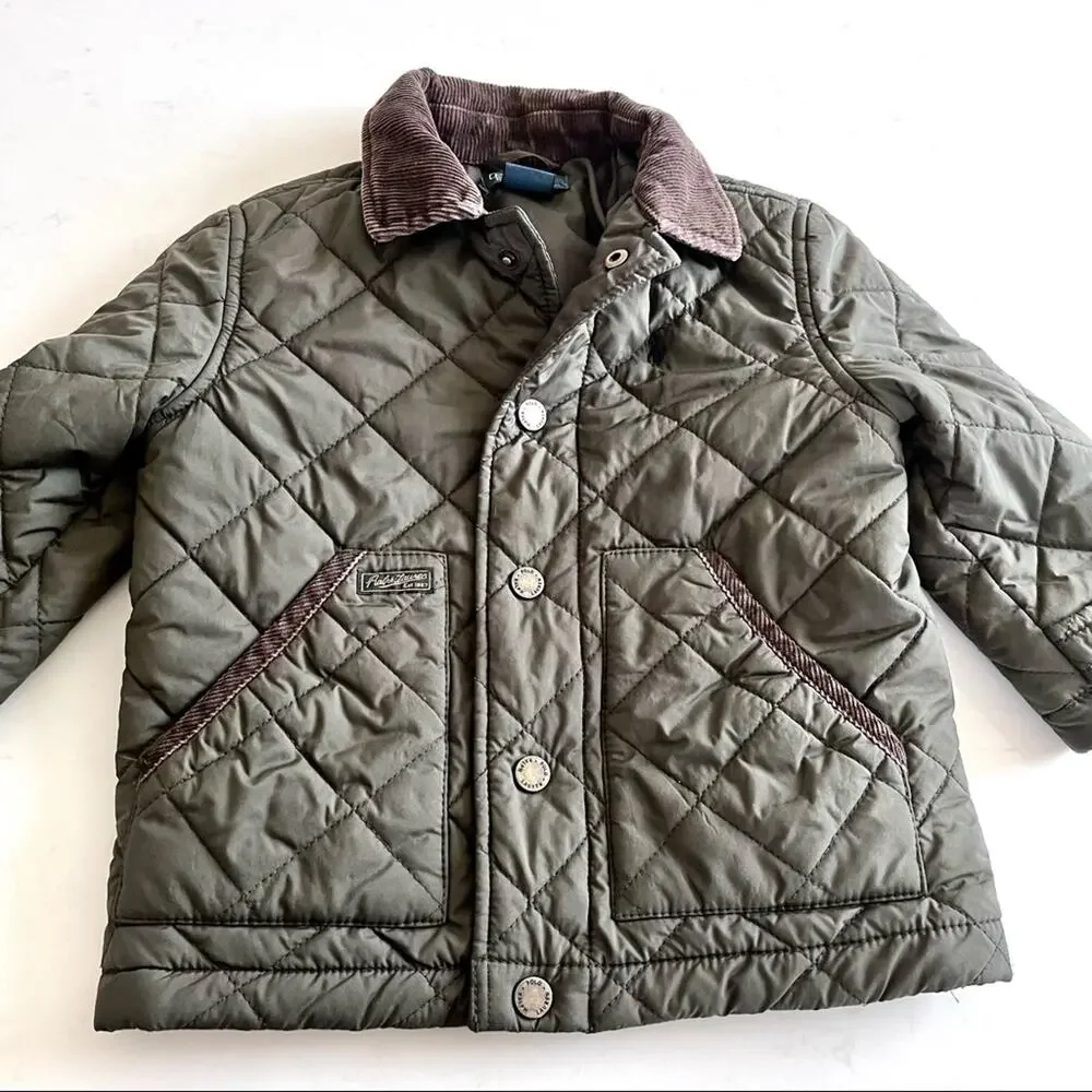 Polo Ralph Lauren Hagan Boys Quilted Barn Jacket Olive Corduroy Trim Sz 6 Preppy